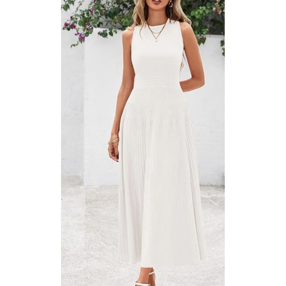 PRETTYGARDEN Women's M Ivory Ribbed Pleated Midi Dress Sleeveless A-Line